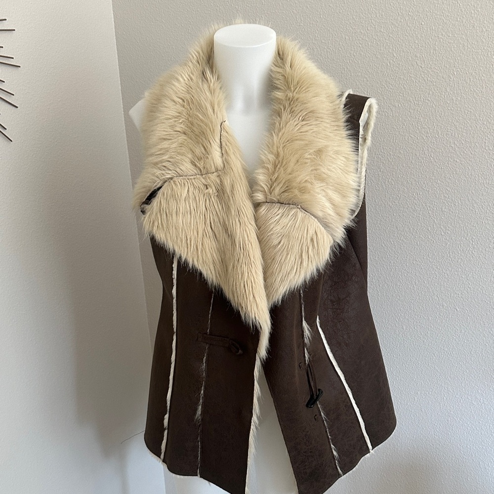 INC International Concepts Dark Brown Vest with Cream Faux Fur